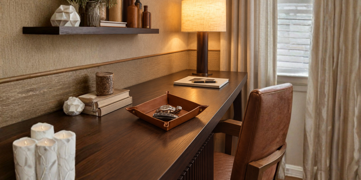 Square snap corner leather tray holding a watch and earbuds on a wooden table