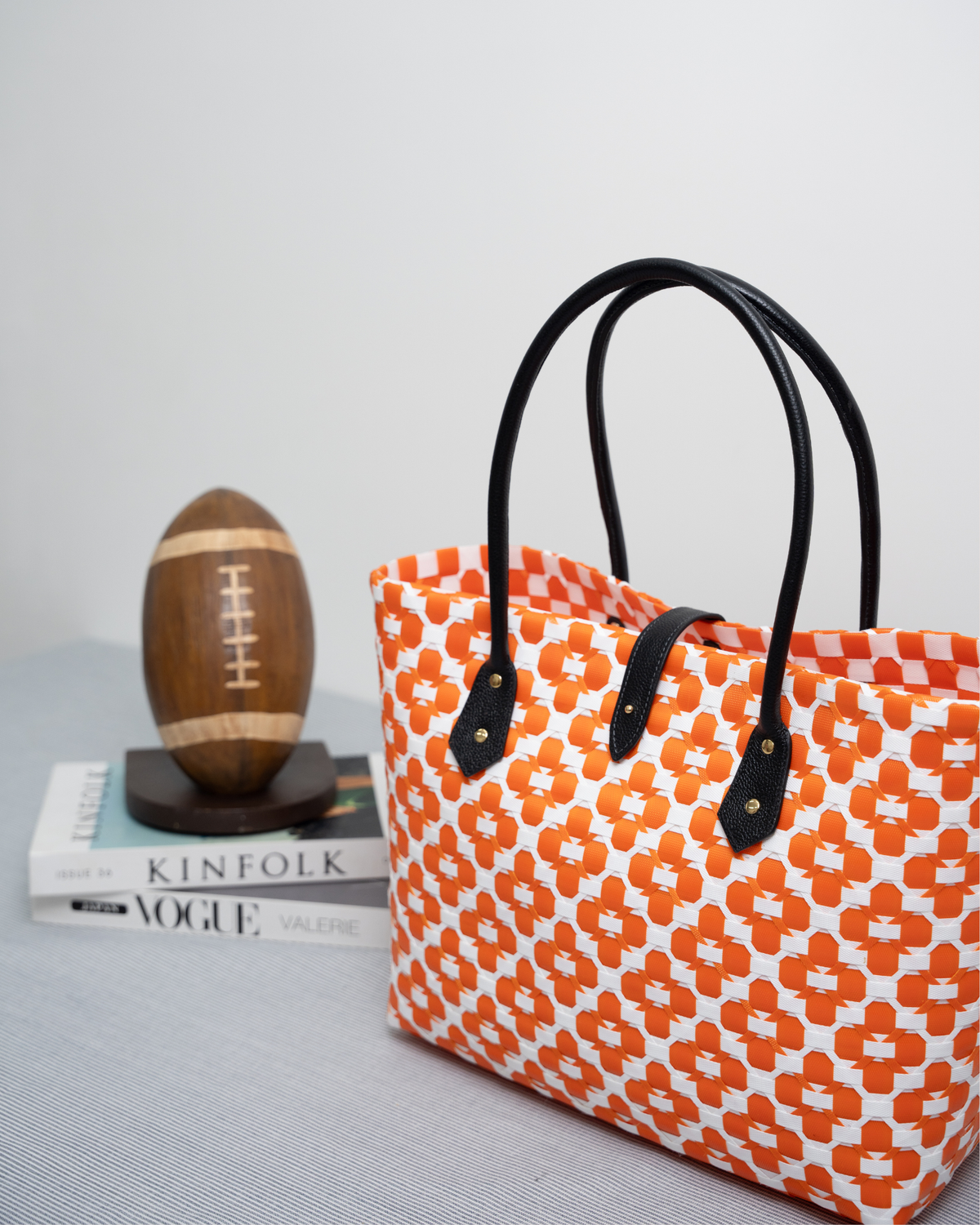 handwoven beach tote bag with leather handle orange geometric #color_orange-geometric